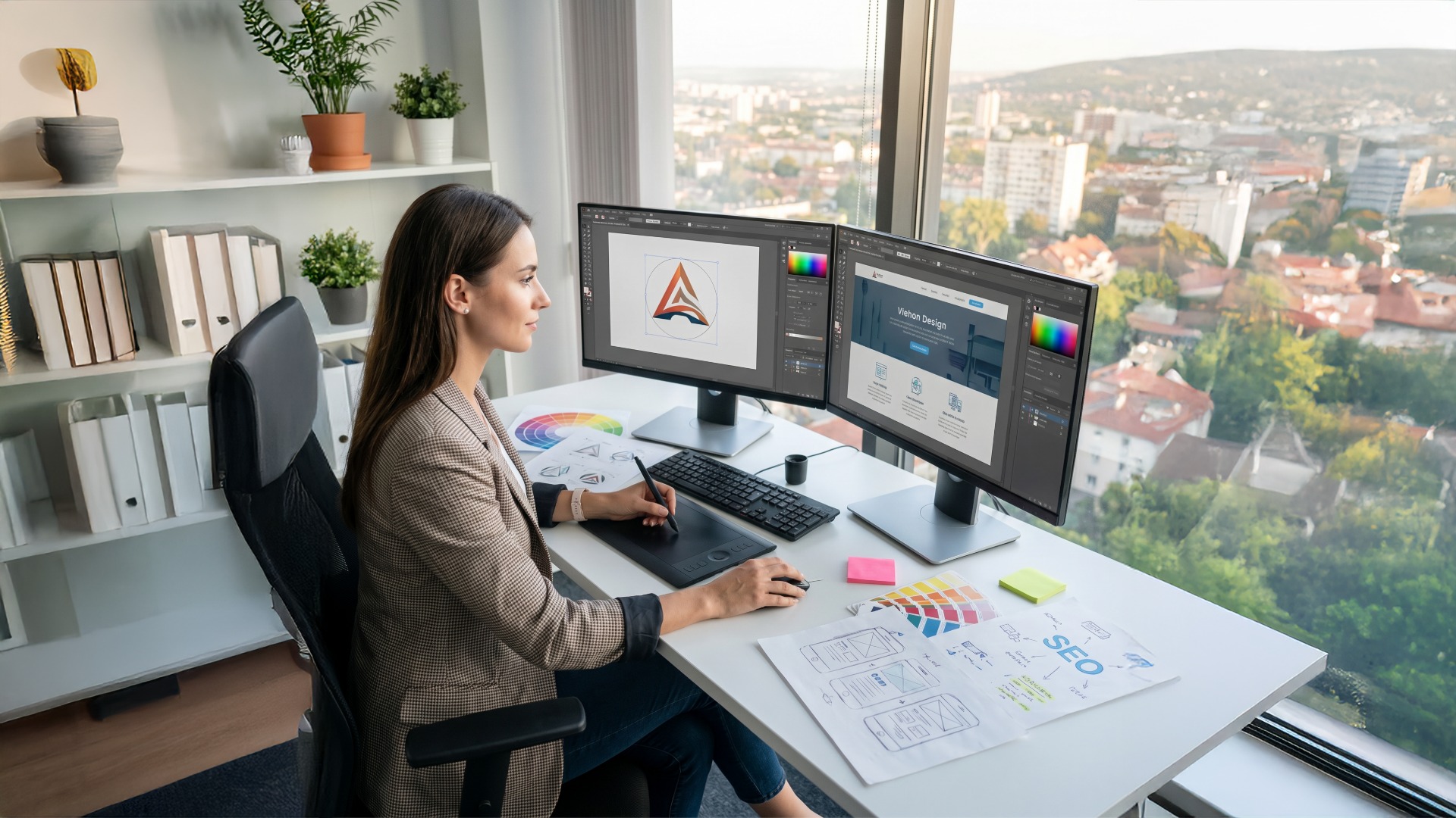 Kvinna som jobbar med SEO och design