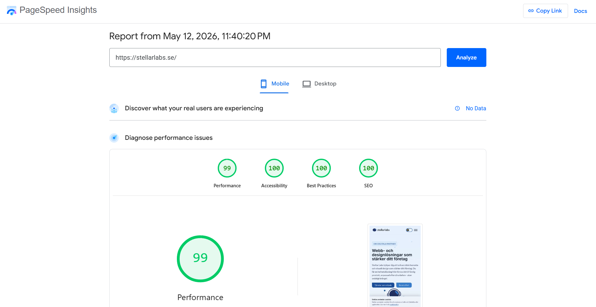 PageSpeed Analytics på Stellar Labs hemsidan